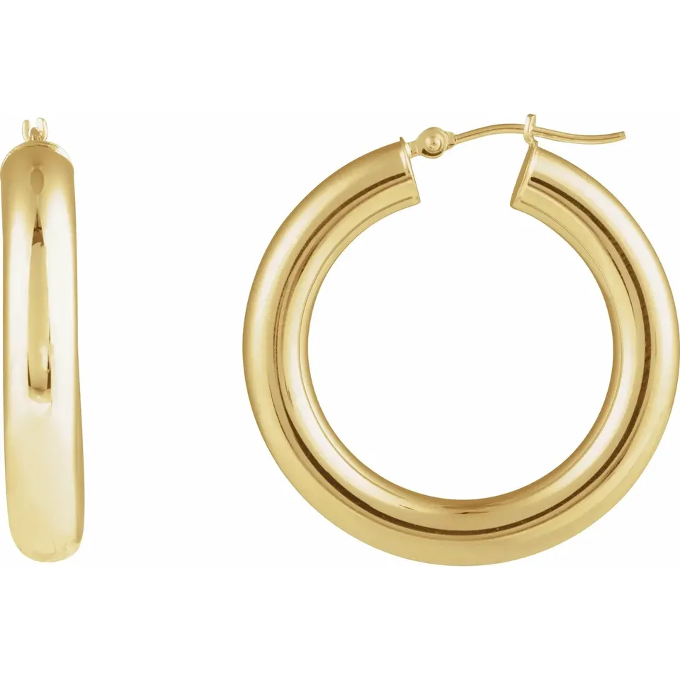 14K Yellow Round Tube 30 mm Hoop Earrings